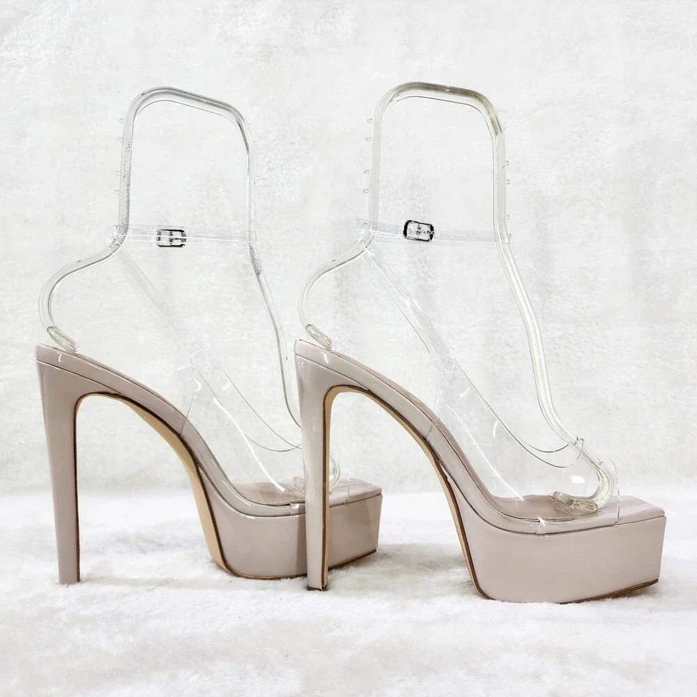 NIB Evie Ankle Strap Slingback High Heels Platform Shoes Pumps Clear Nude Patent